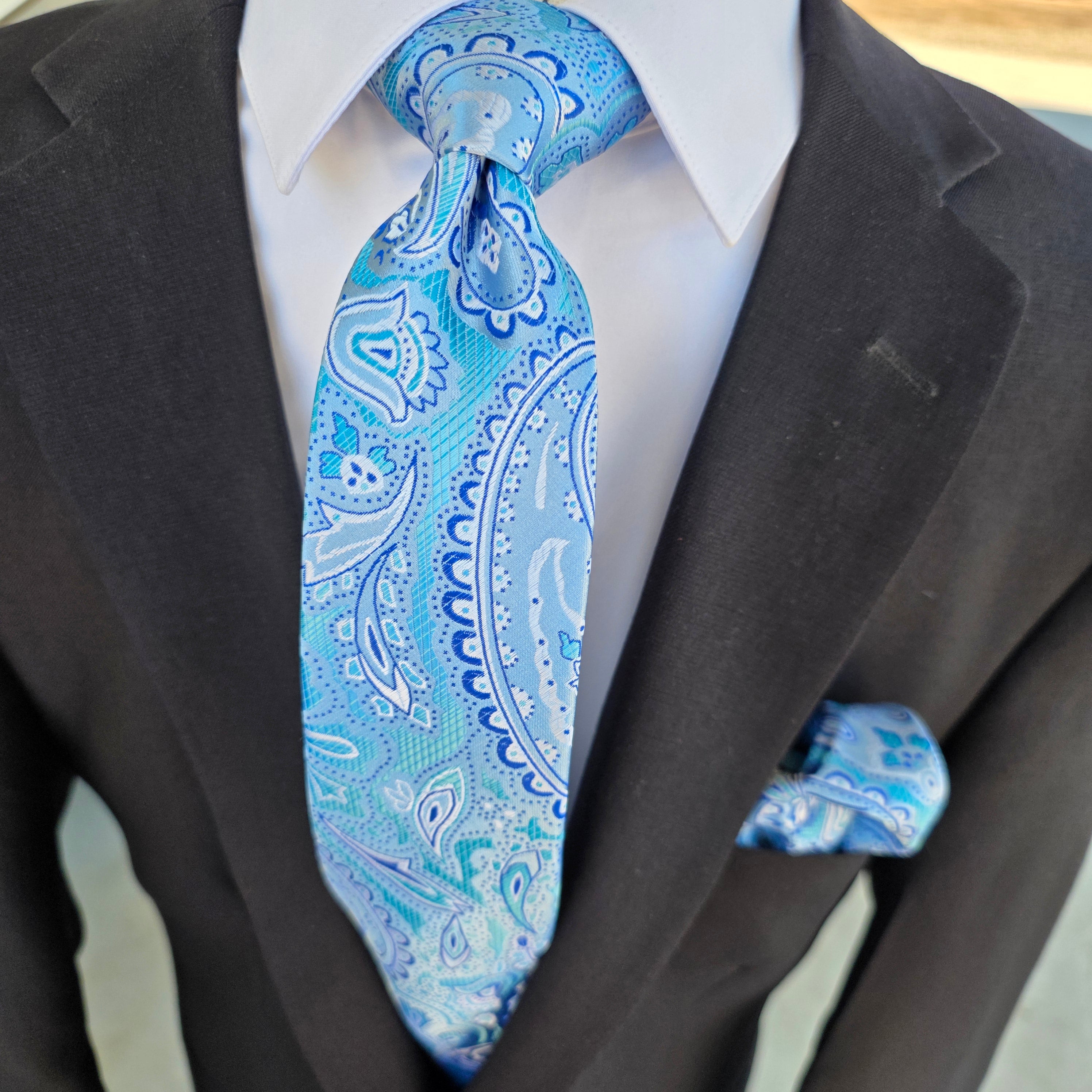 Baby Blue Paisley Silk Tie Pocket Square Cufflink Set