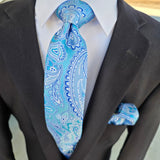 Baby Blue Paisley Silk Tie Pocket Square Cufflink Set