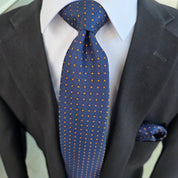 Blue Polka Dot Plaid Silk Tie Pocket Square Cufflinks Set