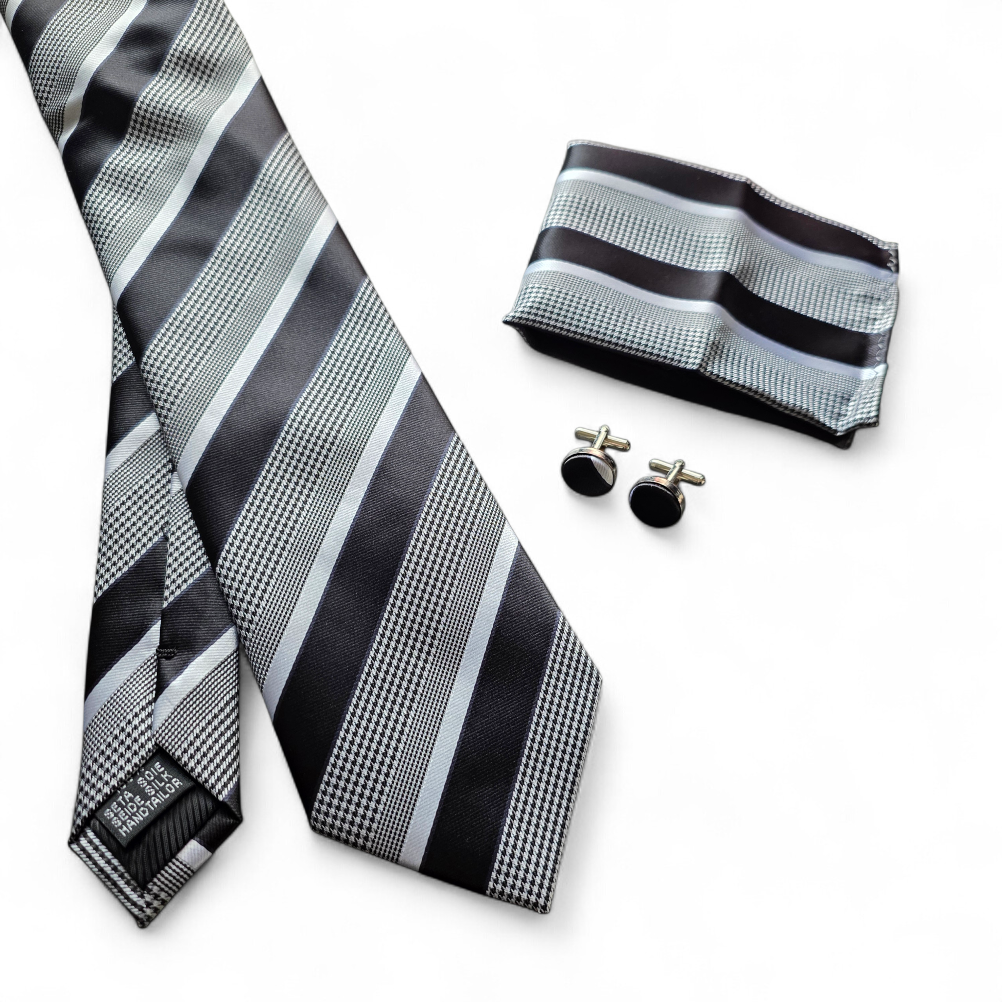 Black White Classic Stripe Silk Tie Pocket Square Cufflink Set