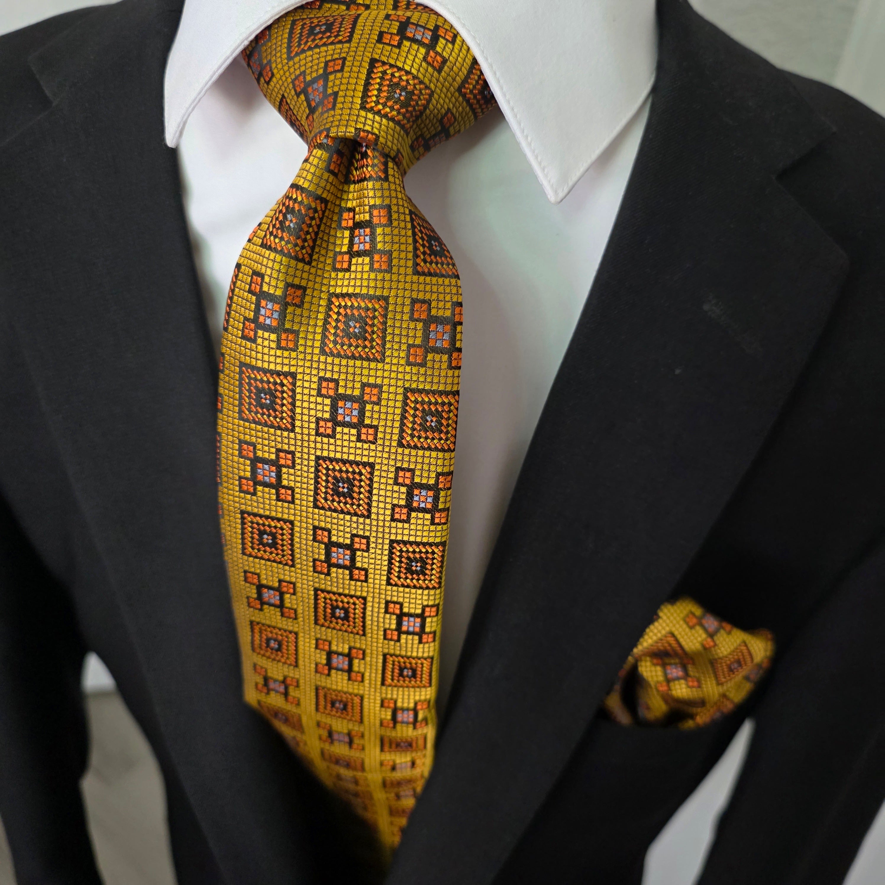 Old Gold Geometric Silk Tie Pocket Square Cufflink Set