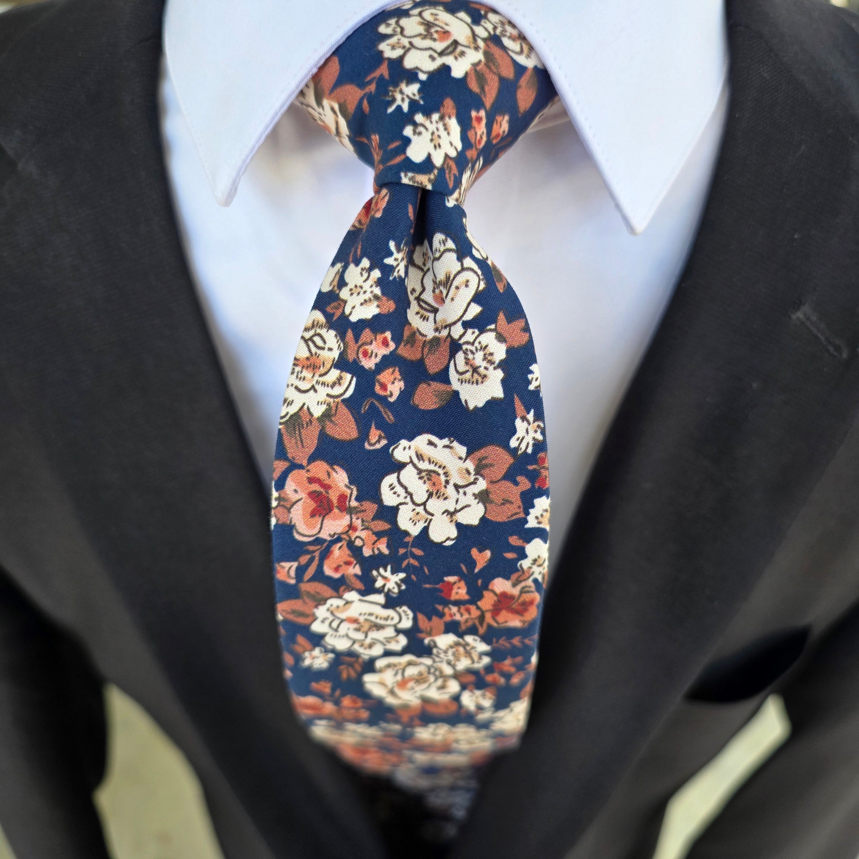 Floral Khaki Navy Blue Slim Tie
