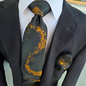 Black Gold Copper Flower Silk Tie Pocket Square Cufflink Set