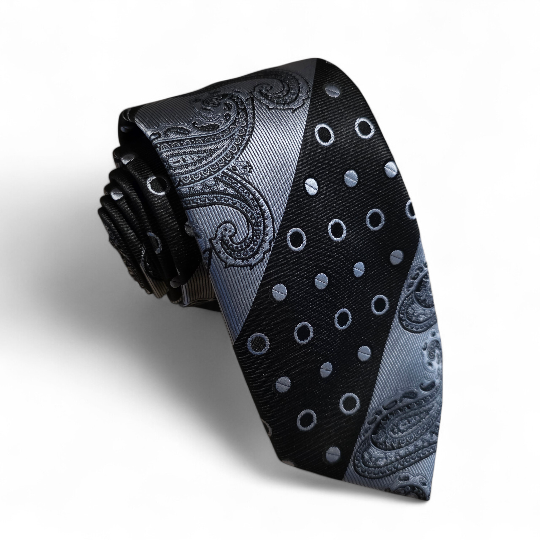 Black Gray Paisley Polka Dot Silk Tie Pocket Square Cufflink Set