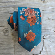 Dark Teal Burned Orange Flower Silk Tie Pocket Square Cufflink Set