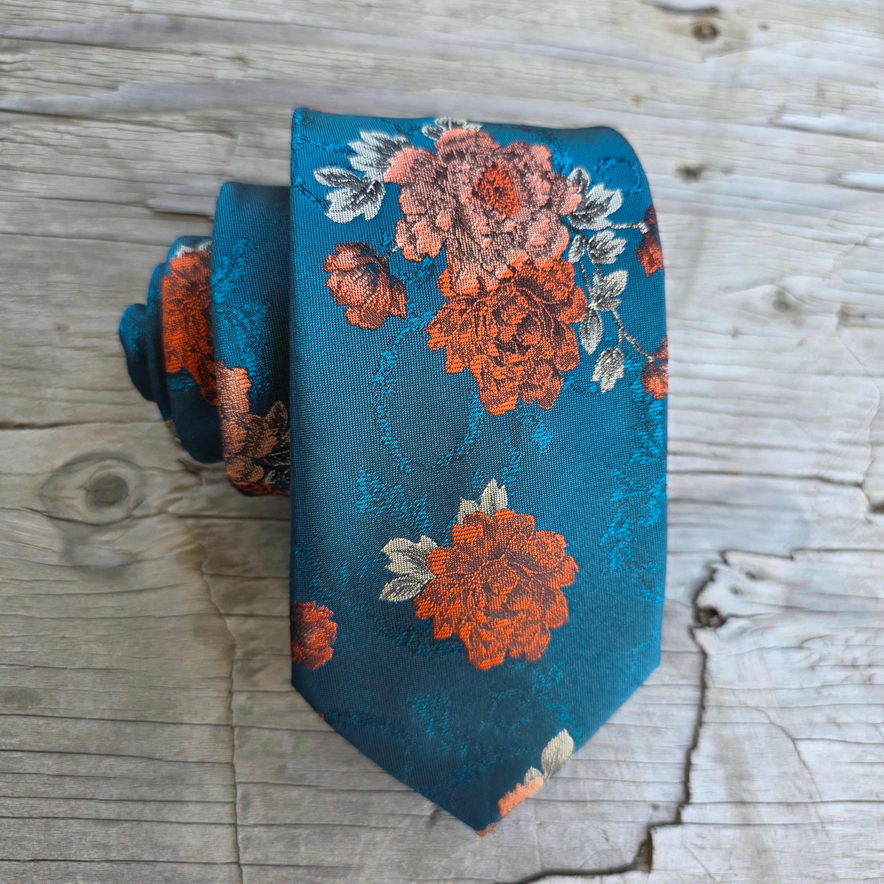 Dark Teal Burned Orange Flower Silk Tie Pocket Square Cufflink Set