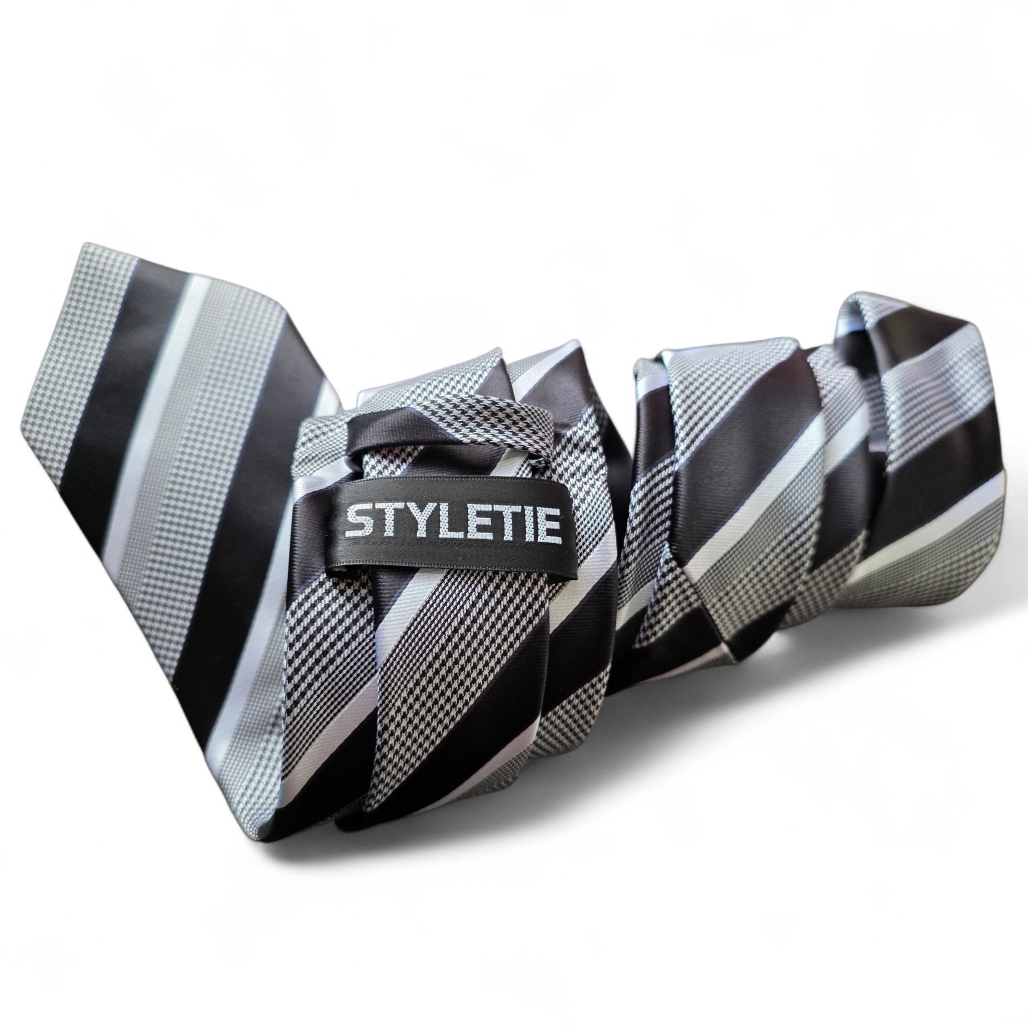 Black White Classic Stripe Silk Tie Pocket Square Cufflink Set