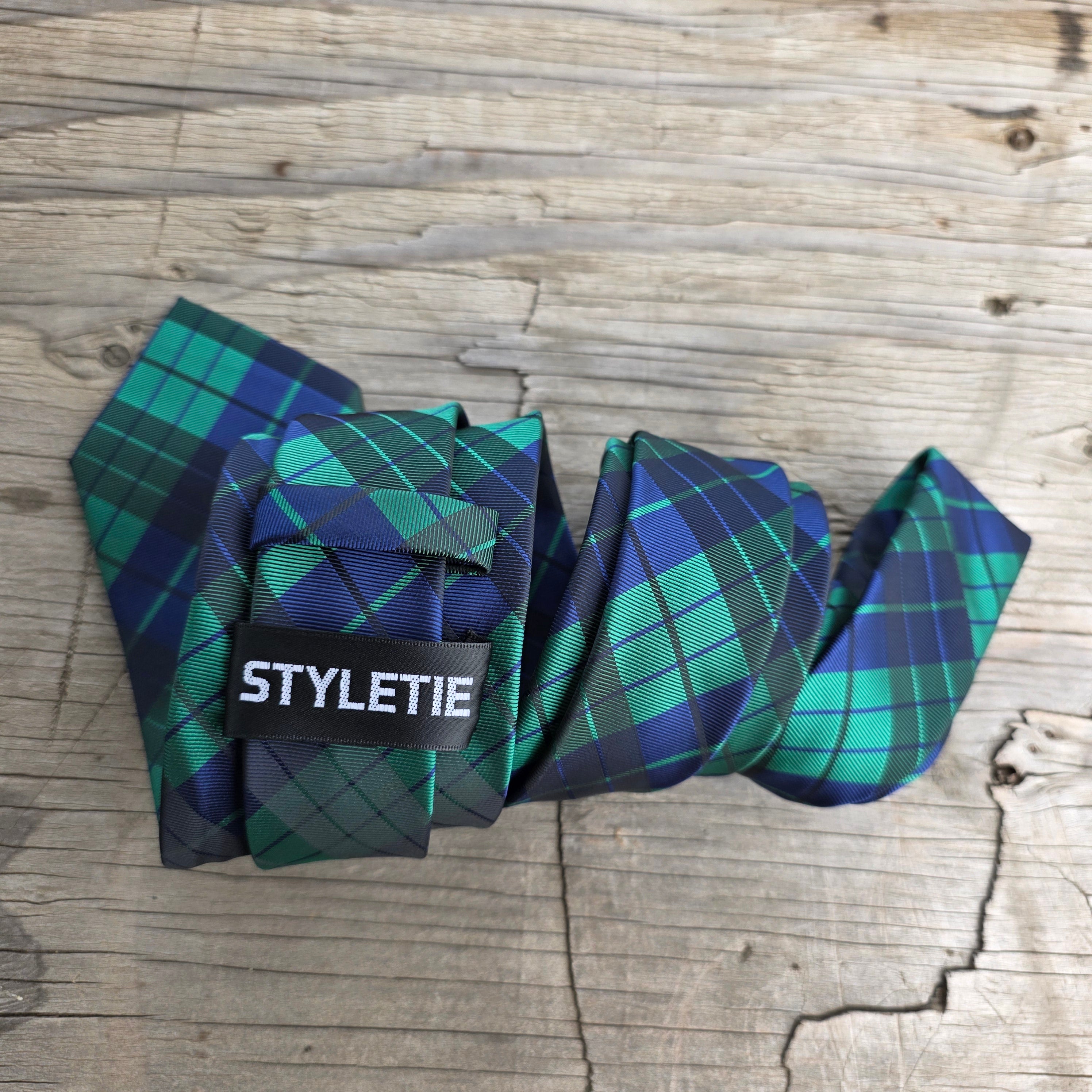 Navy Blue Green Plaid Silk Tie Pocket Square Cufflink Set