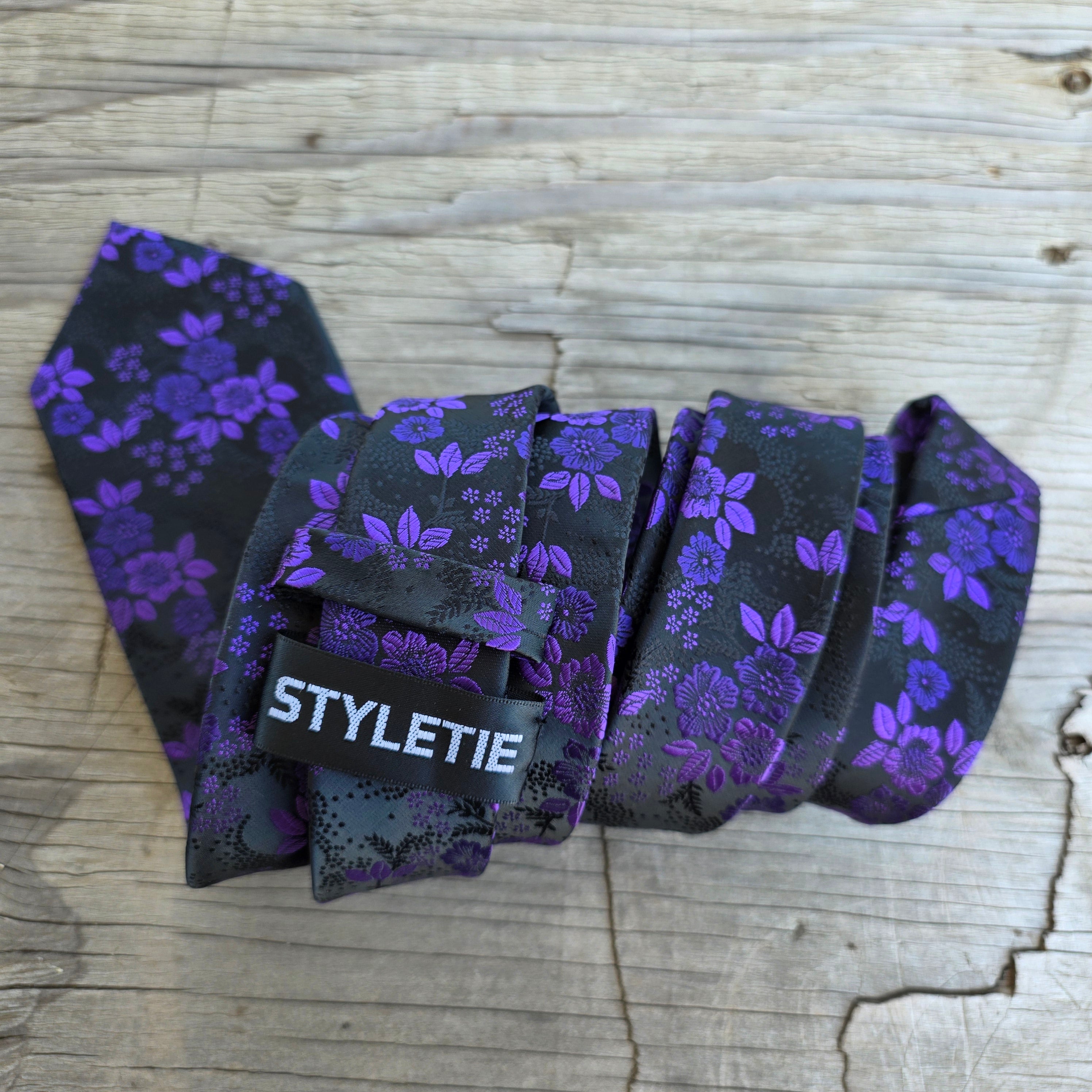 Purple Black Floral Silk Tie Pocket Square Cufflink Set
