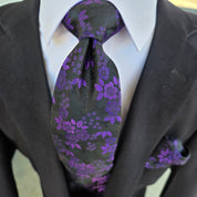 Purple Black Floral Silk Tie Pocket Square Cufflink Set