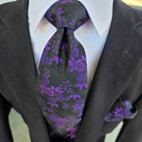 Purple Black Floral Silk Tie Pocket Square Cufflink Set