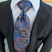 Navy Blue Gold Brown Silk Tie Pocket Square Cufflink Set