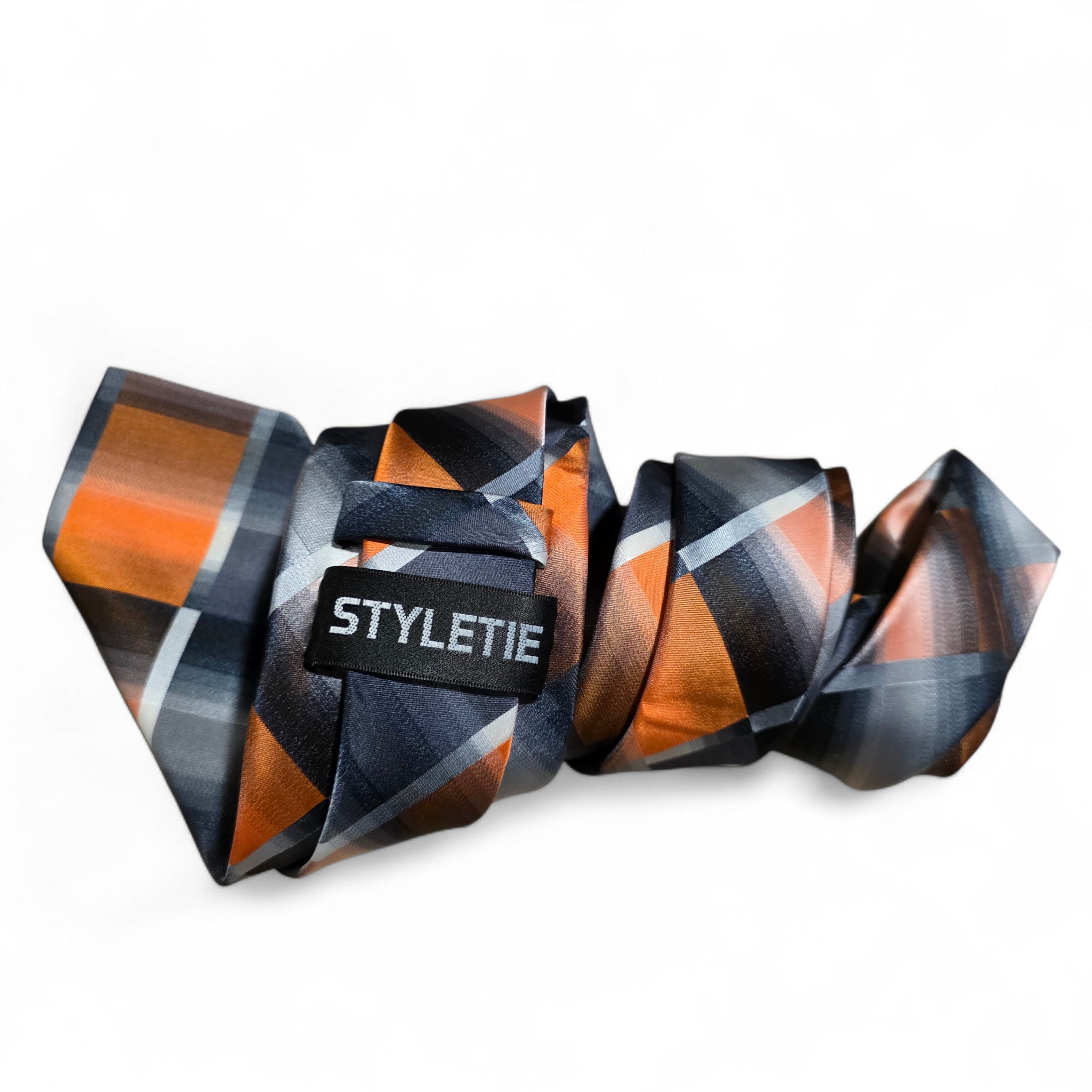 Gray Orange Plaid Silk Tie Pocket Square Cufflink Set