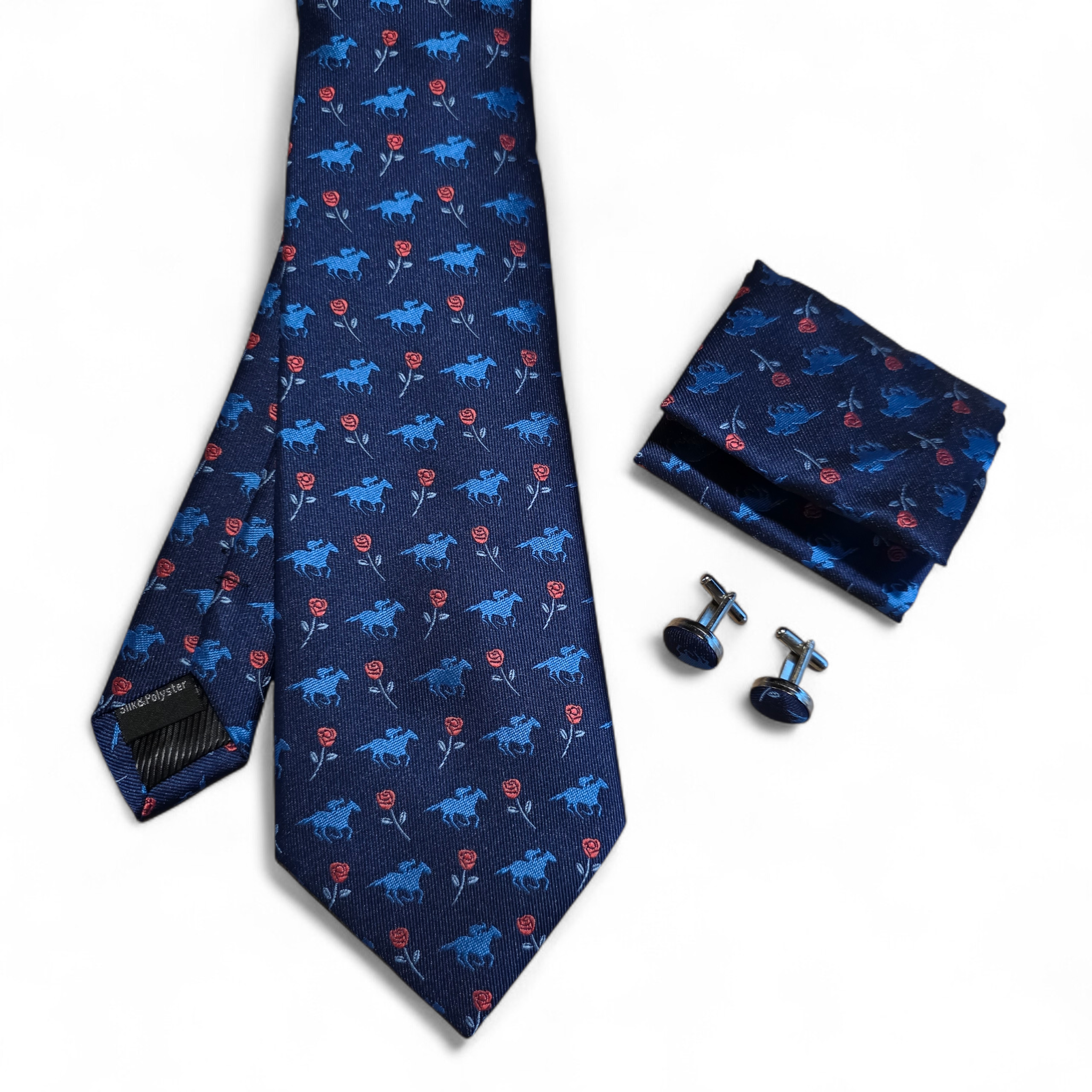 Navy Blue Horse Floral Silk Tie Pocket Square Cufflink Set