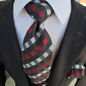 Red Black White Plaid Silk Tie Pocket Square Cufflink Set