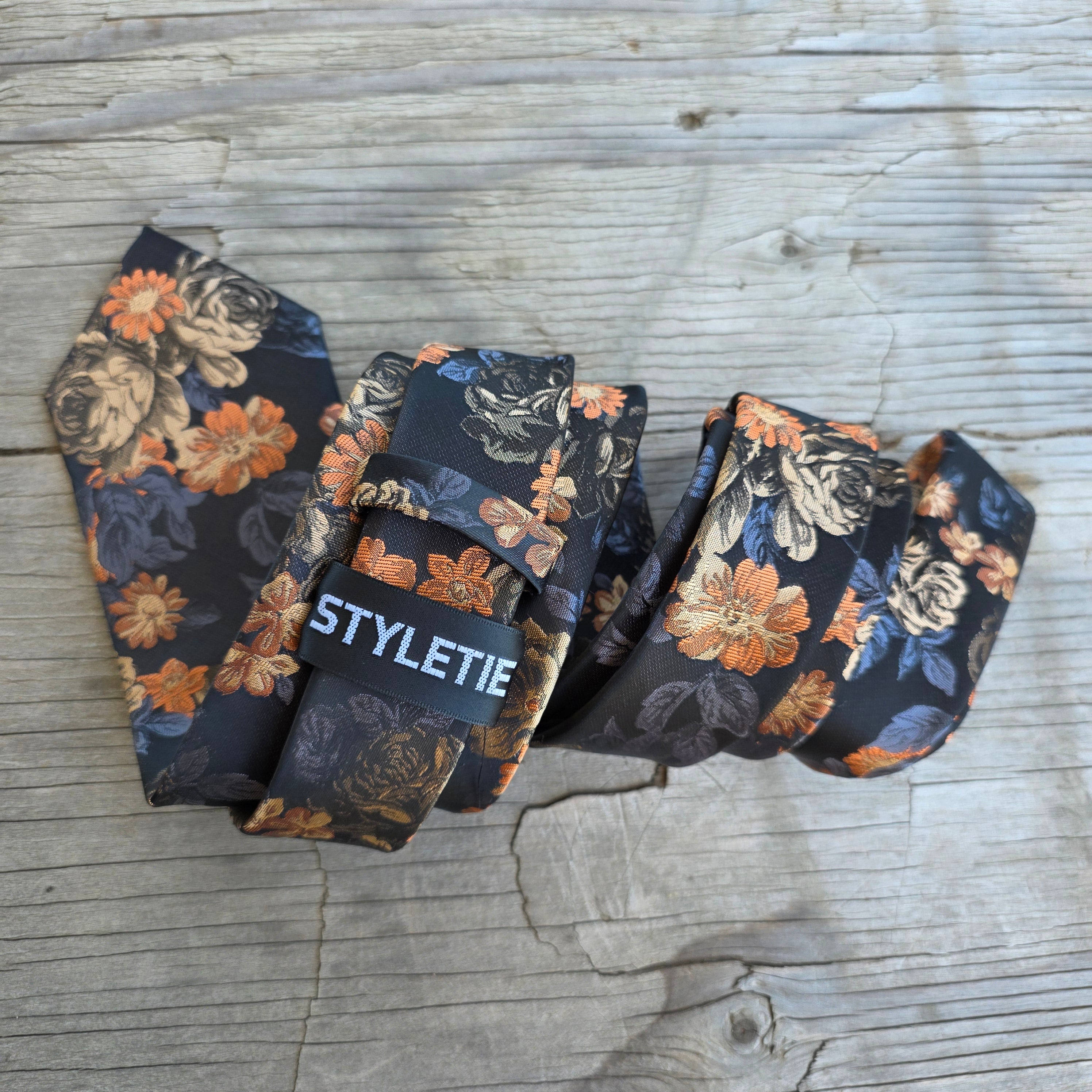Black Honey Orange Flower Silk Tie Pocket Square Cufflink Set
