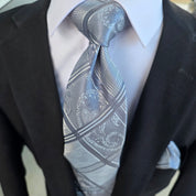 Plaid Gray Silver Silk Tie Pocket Square Cufflink Set