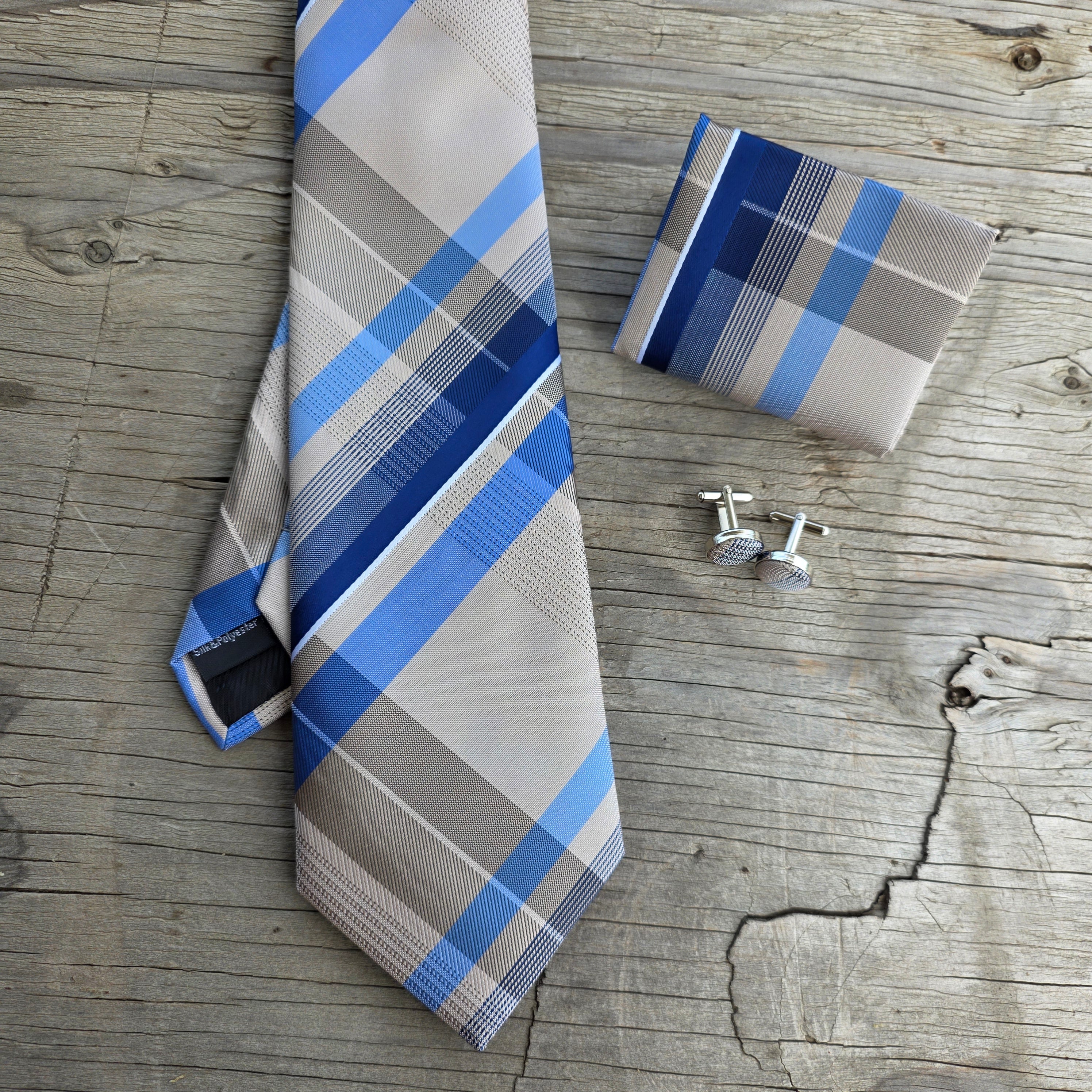 Khaki Blue Stripe Silk Tie Pocket Square Cufflink Set