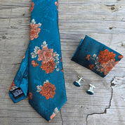 Dark Teal Burned Orange Flower Silk Tie Pocket Square Cufflink Set
