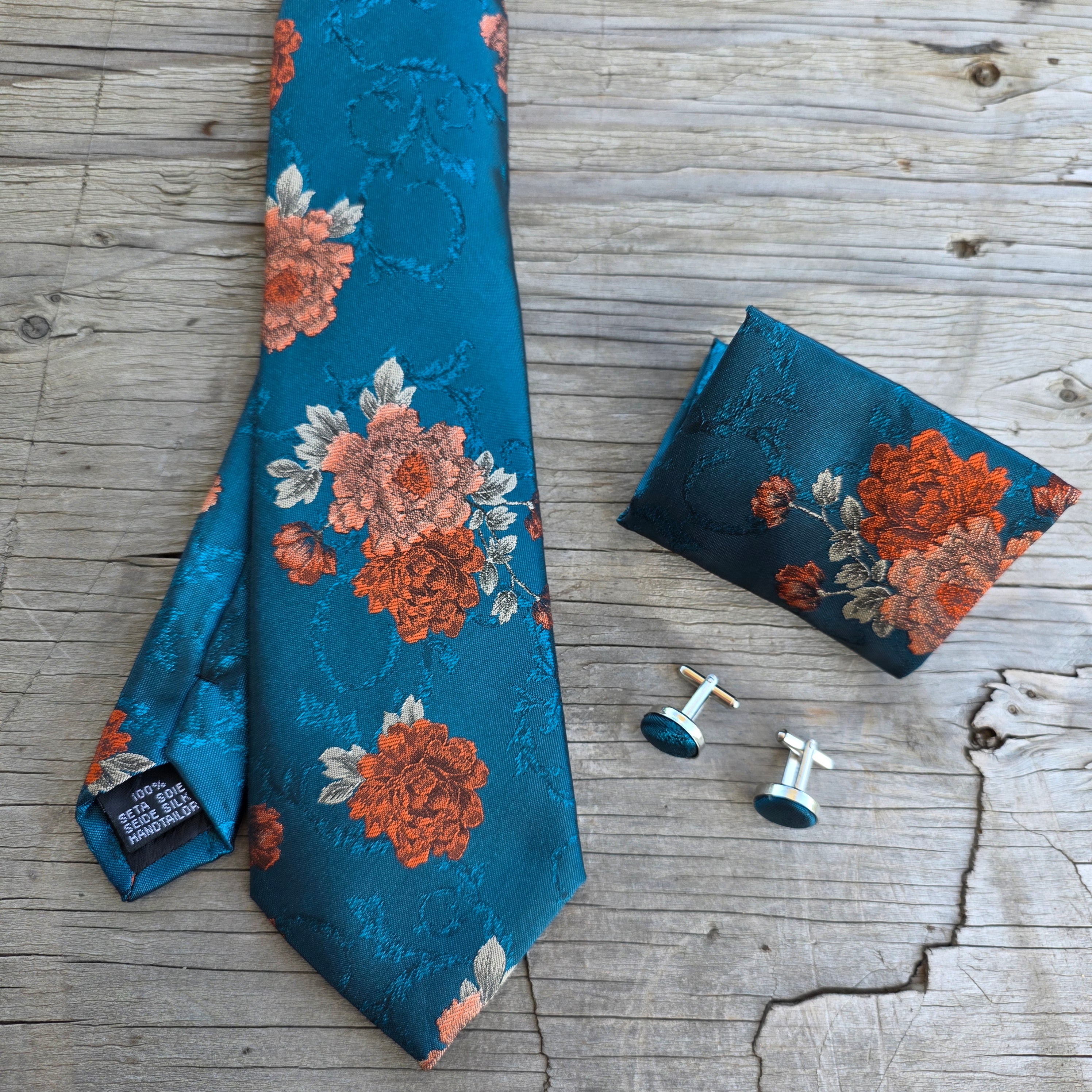Dark Teal Burned Orange Flower Silk Tie Pocket Square Cufflink Set