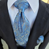Extra Long Blue Paisley Tie Pocket Square Cufflink Set