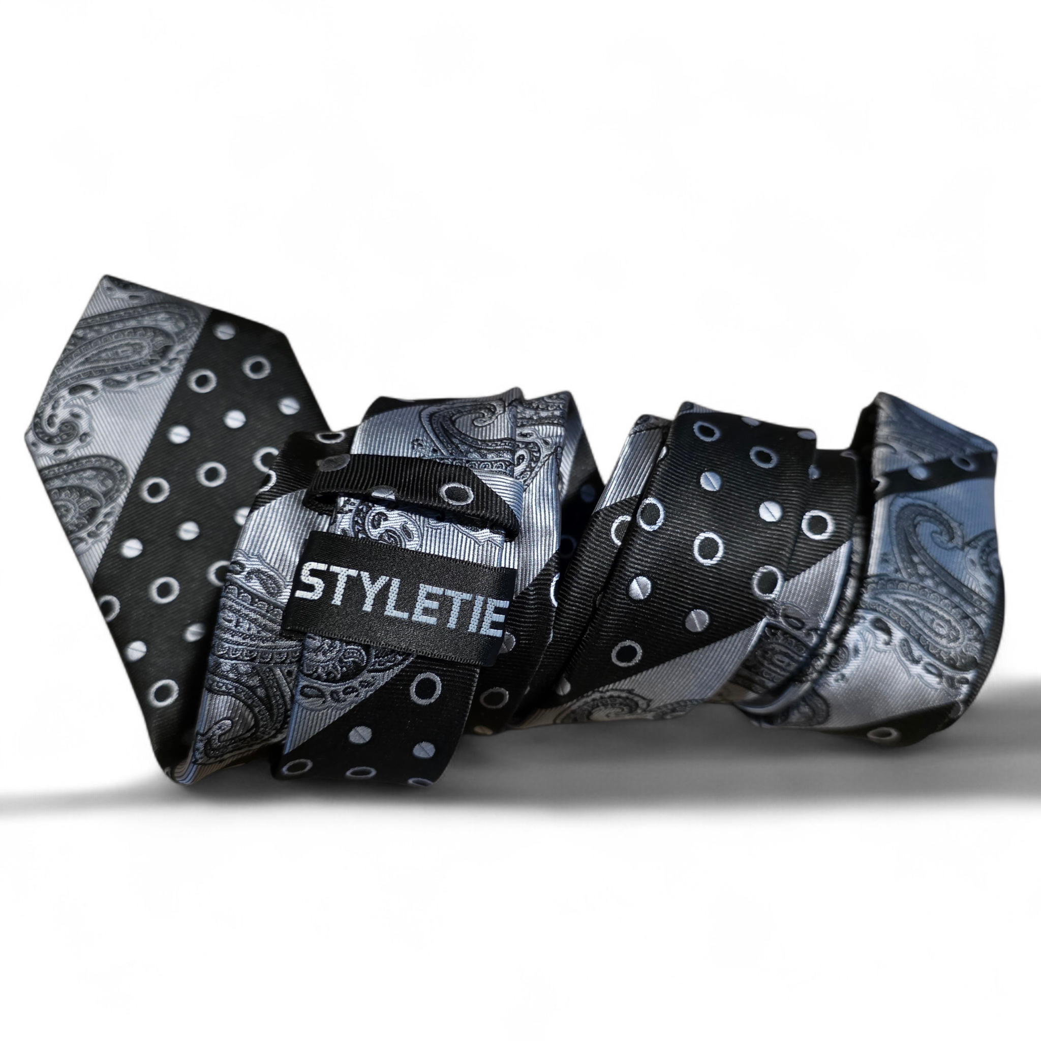 Black Gray Paisley Polka Dot Silk Tie Pocket Square Cufflink Set