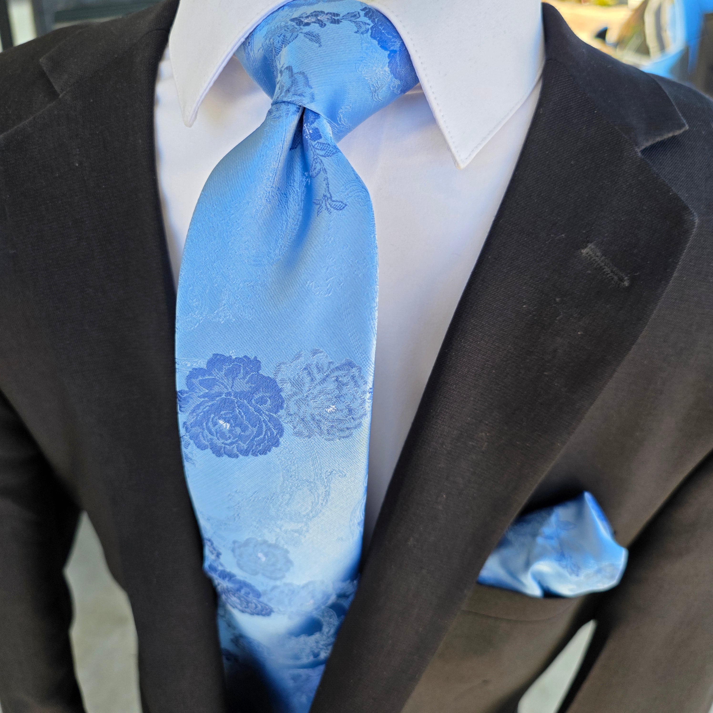 Baby Blue Floral Silk Tie Pocket Square Cufflink Set