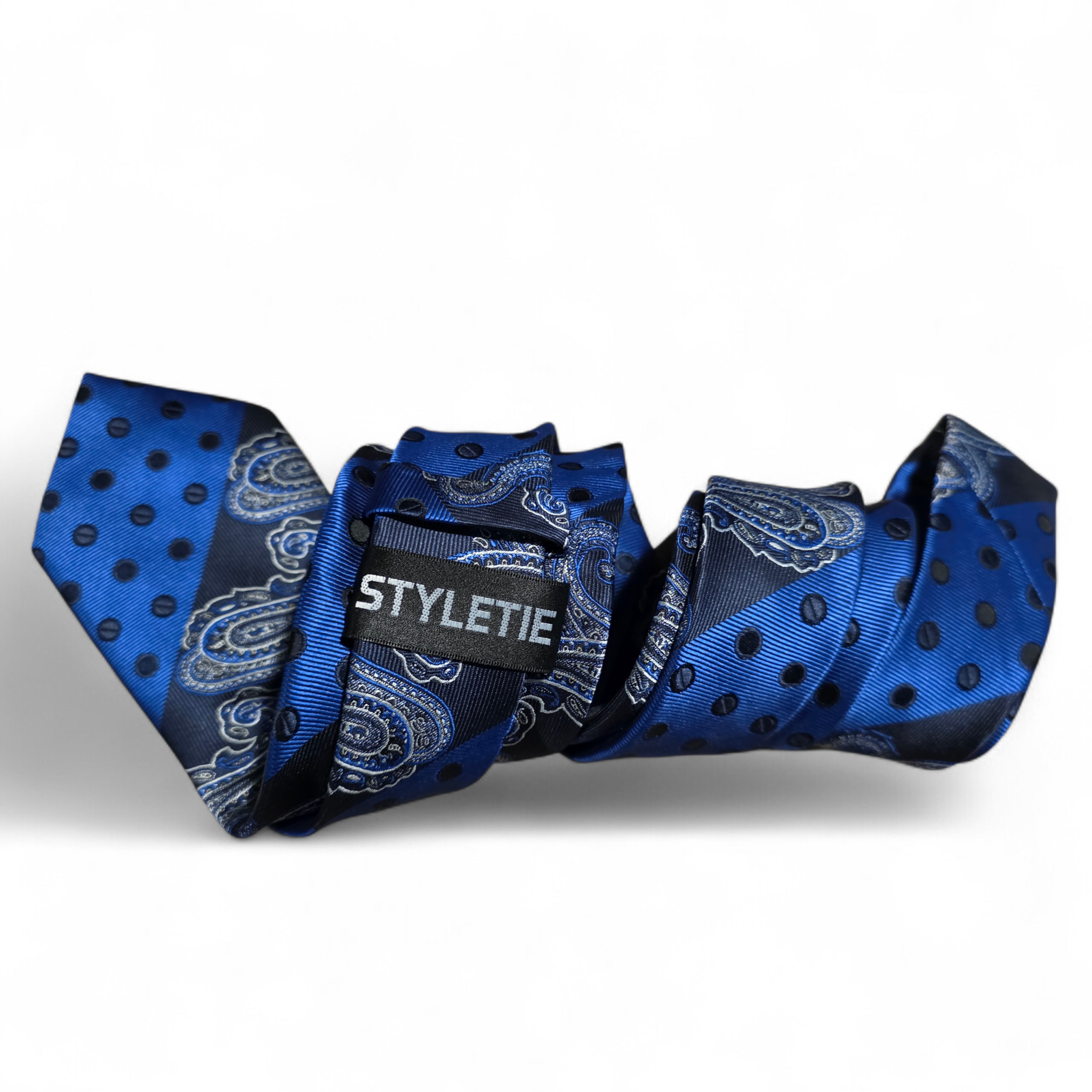 Navy Blue Paisley Polka Dot Silk Tie Pocket Square Cufflink Set