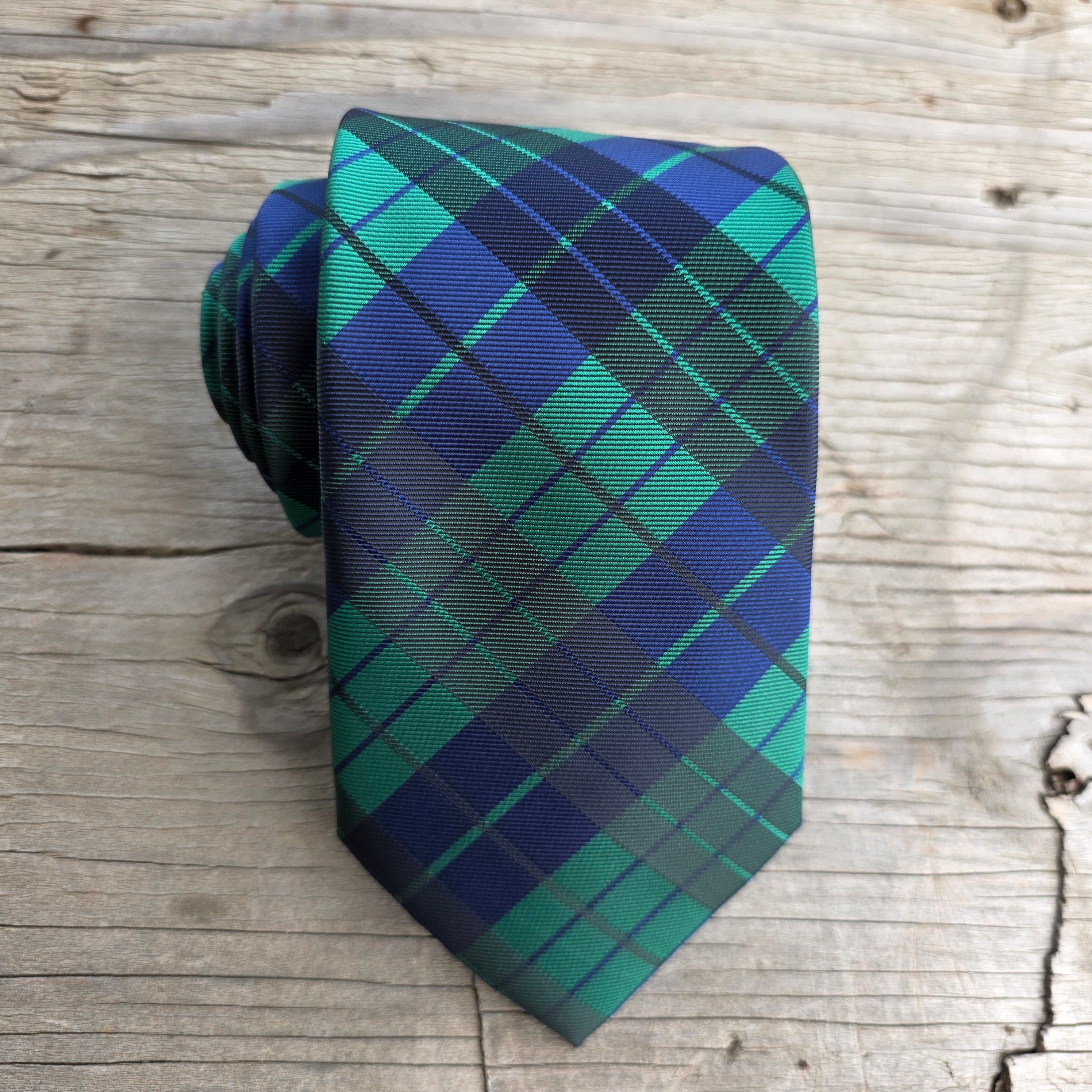 Navy Blue Green Plaid Silk Tie Pocket Square Cufflink Set
