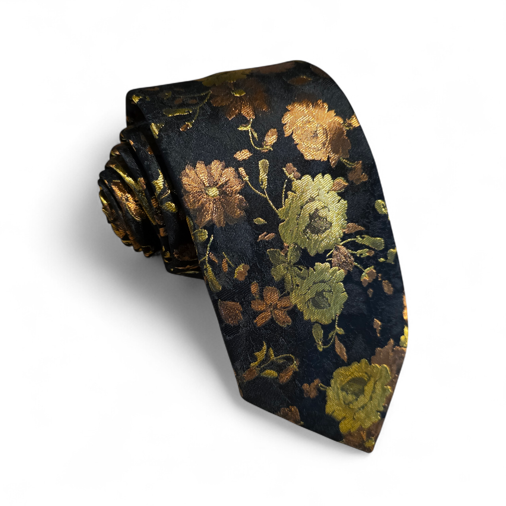 Black Gold Copper Floral Silk Tie Pocket Square Cufflink Set