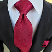 Extra Long Burgundy Floral Tie Pocket Square Cufflink Set