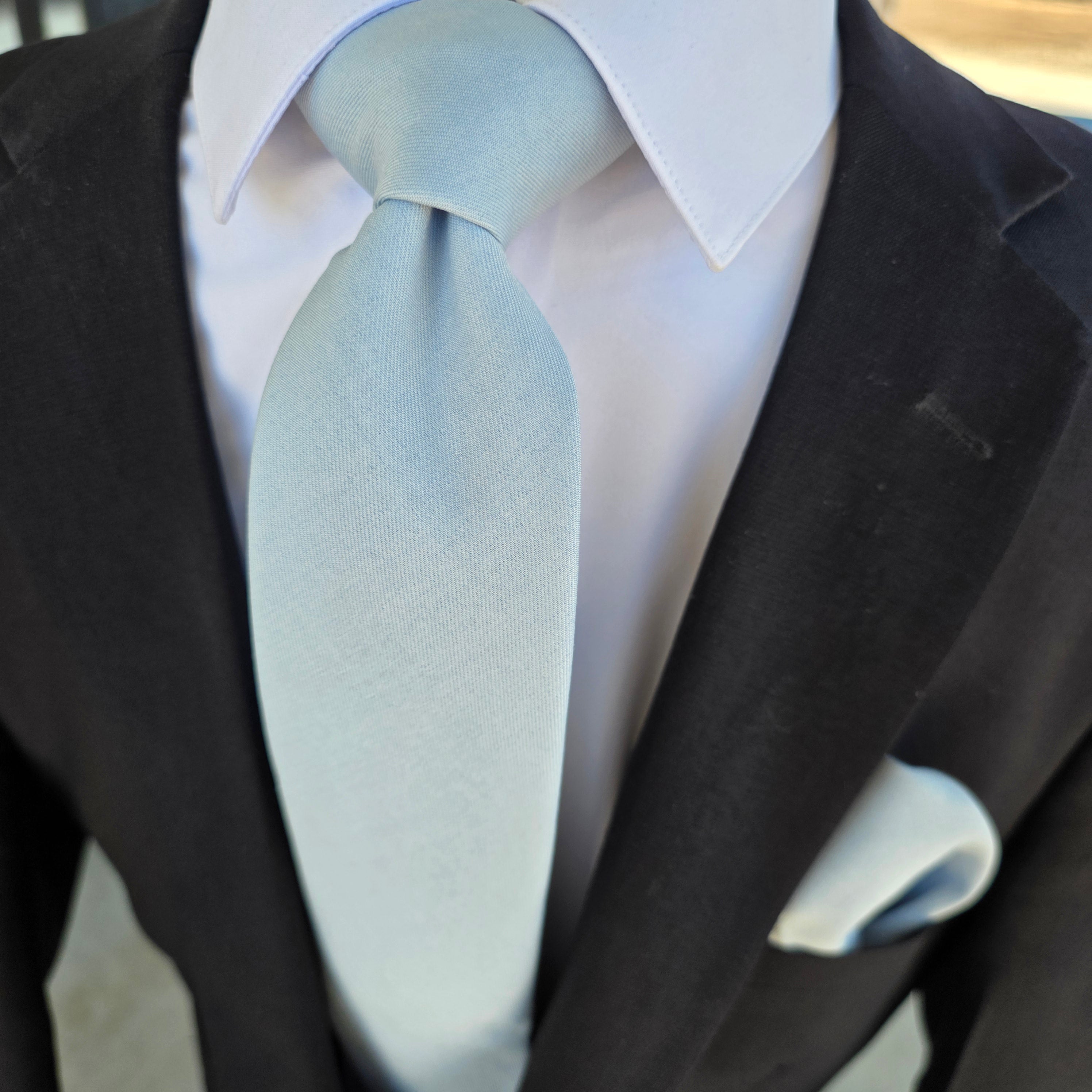 Glacier Blue solid Silk Tie Pocket Square Cufflink Set