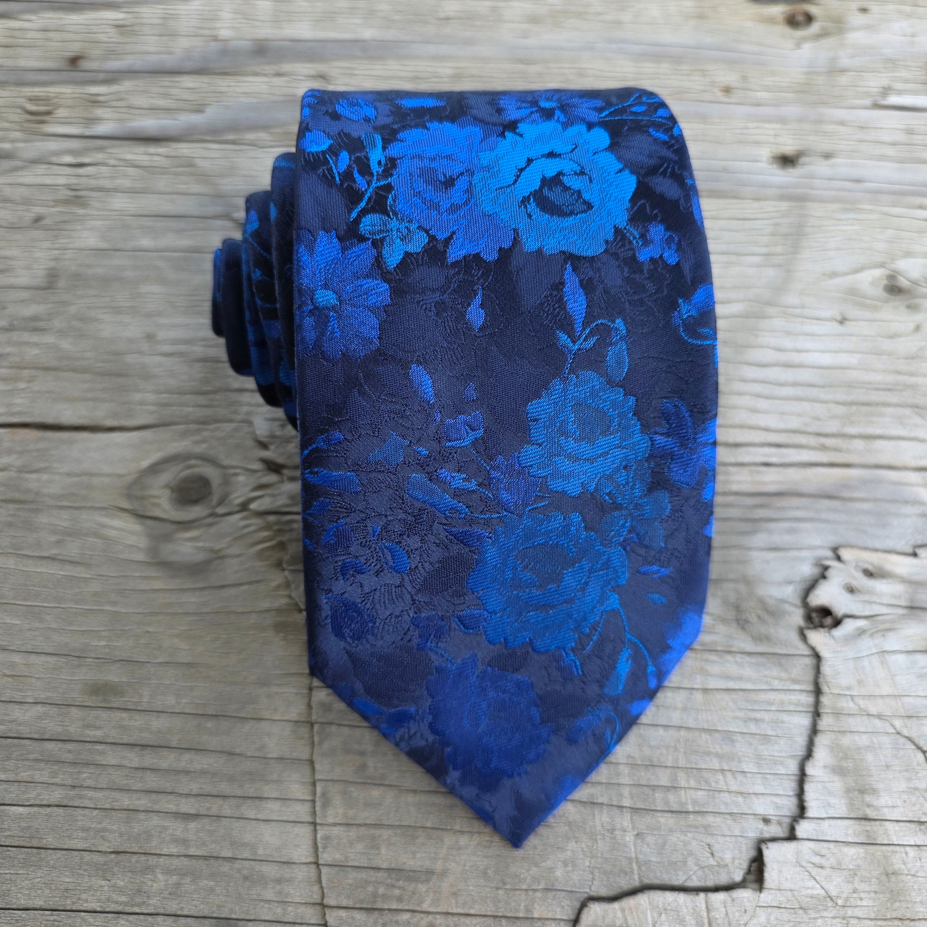 Navy Royal Blue Floral Silk Tie Pocket Square Cufflink Set