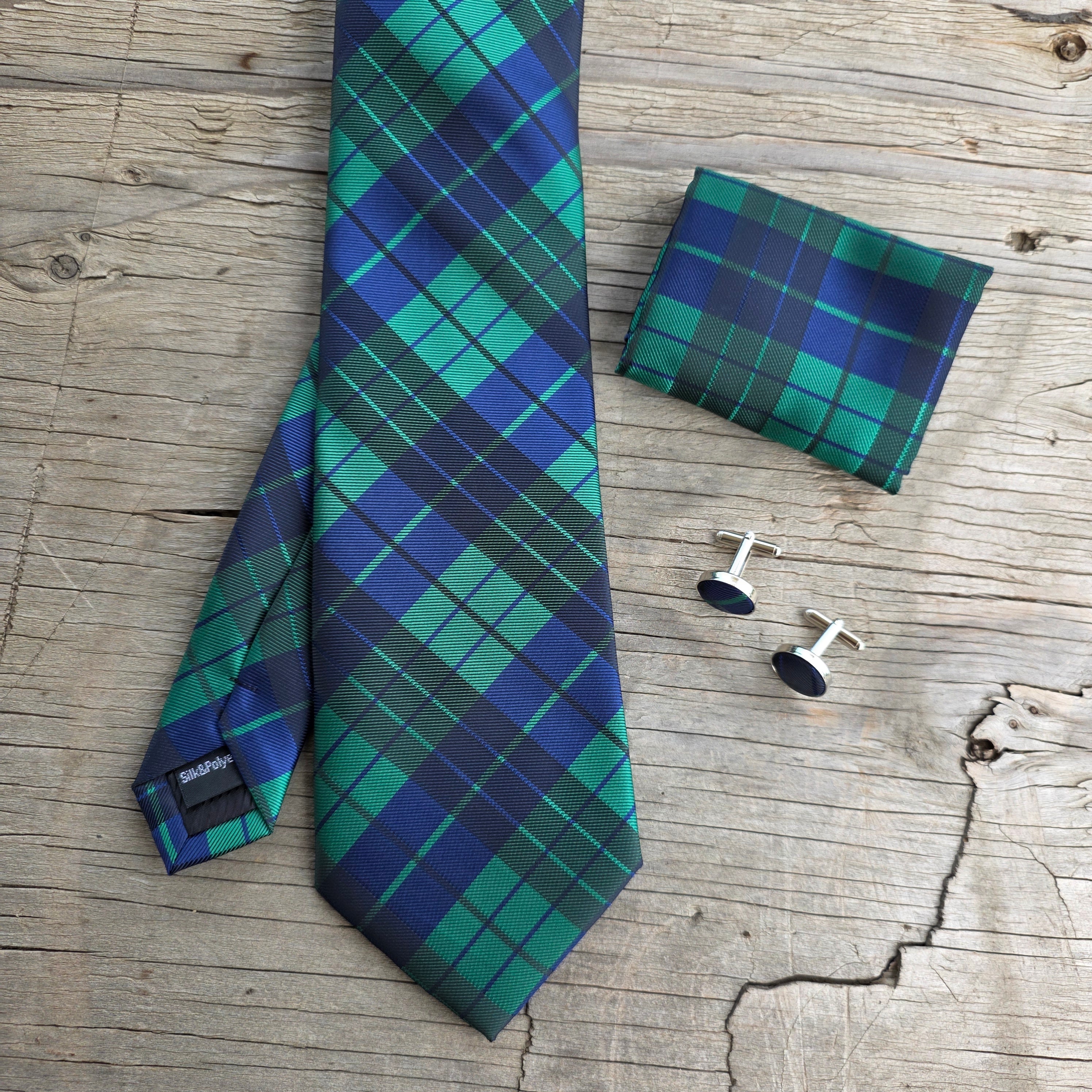 Navy Blue Green Plaid Silk Tie Pocket Square Cufflink Set