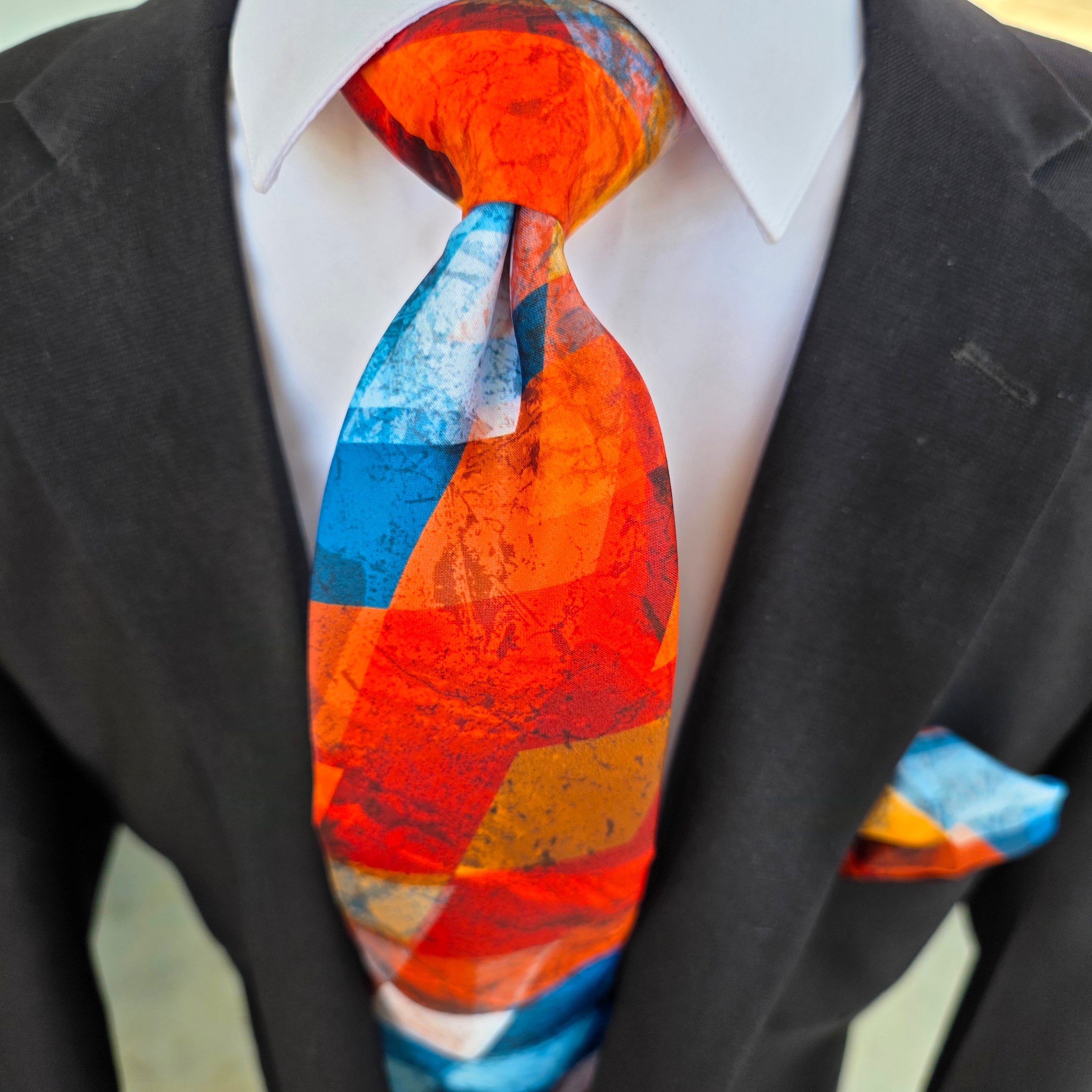 Orange Blue White Plaid Silk Tie Pocket Square Cufflink Set