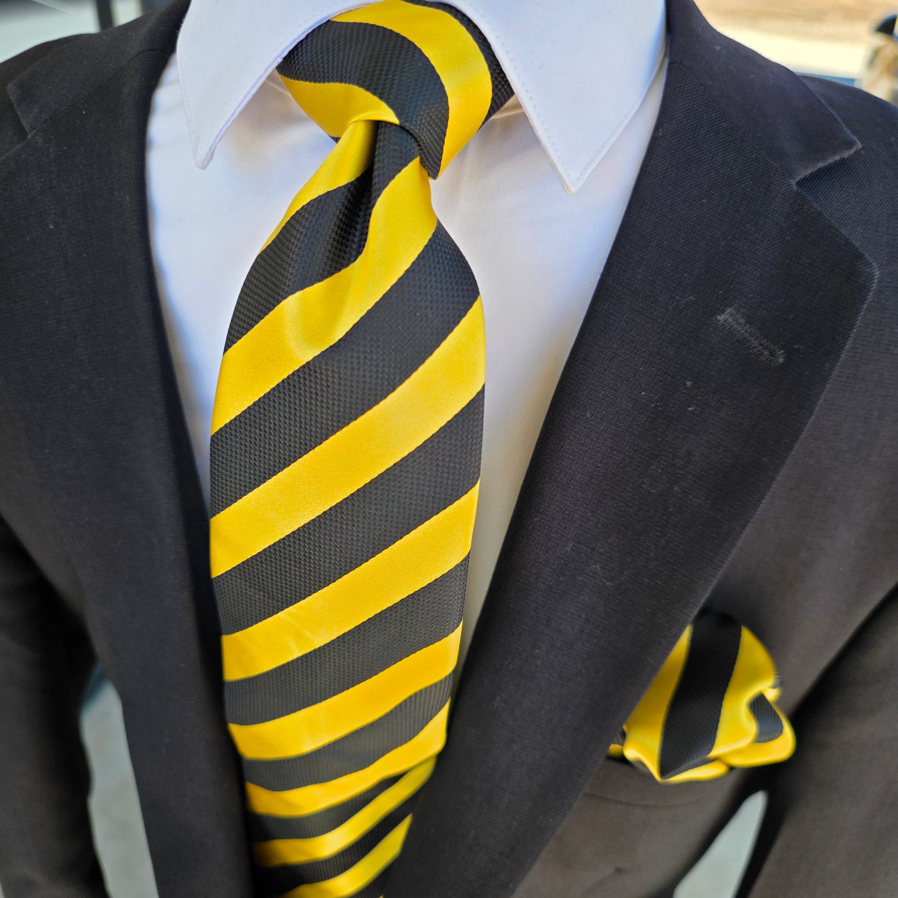 Black Yellow Stripe Silk Tie Pocket Square Cufflink Set