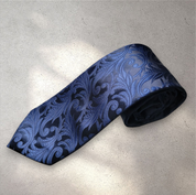 Navy Blue Solid Floral Silk Tie Pocket Square Cufflink Set