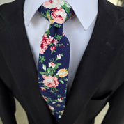 Navy Blue Pink Leaf Floral Slim Tie
