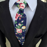 Navy Blue Pink Leaf Floral Slim Tie
