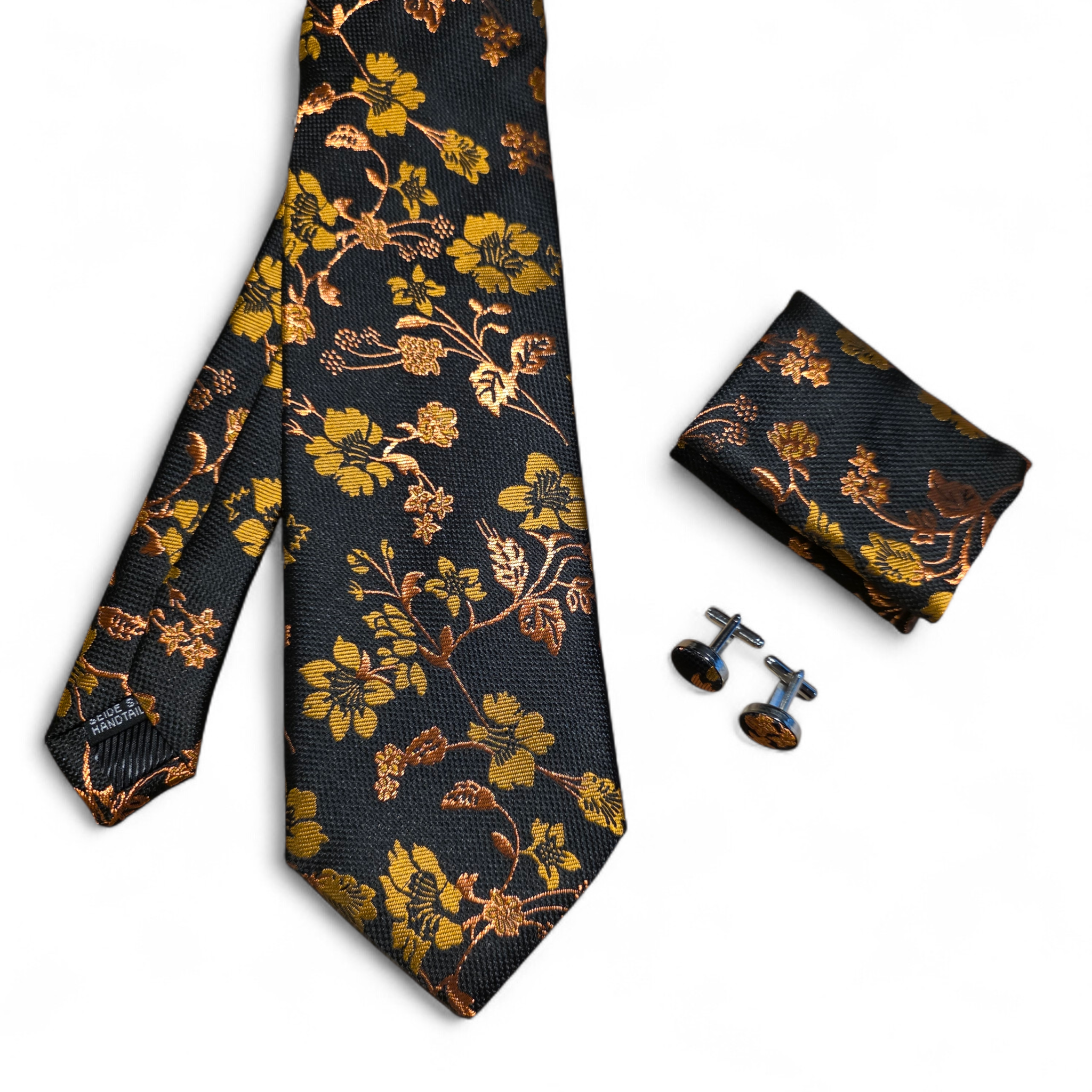 Black Orange Copper Floral Silk Tie Pocket Square Cufflink Set