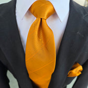 Gold Orange Plaid Silk Tie Pocket Square Cufflink Set
