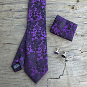 Black Purple Flower Silk Tie Pocket Square Cufflink Set