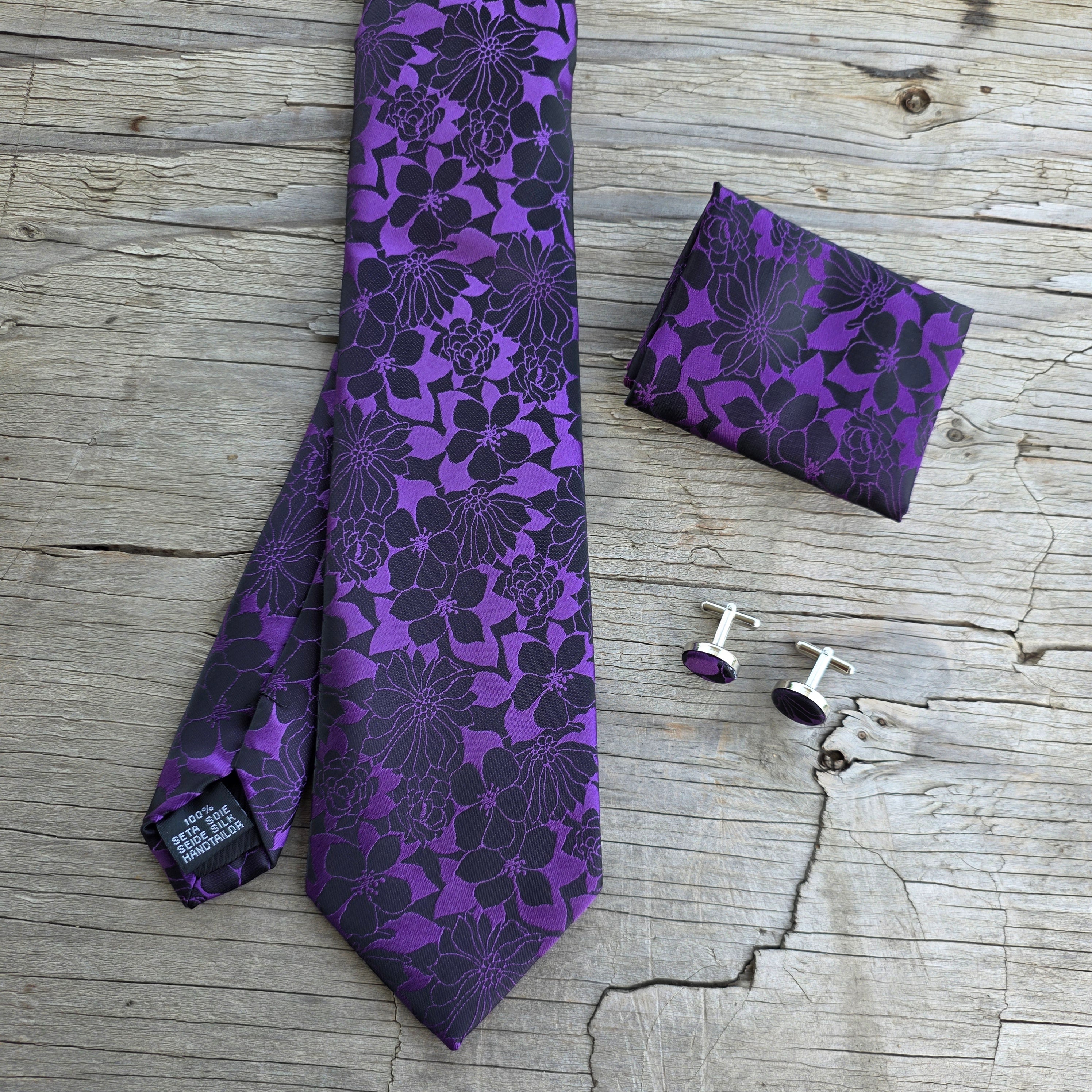 Black Purple Flower Silk Tie Pocket Square Cufflink Set