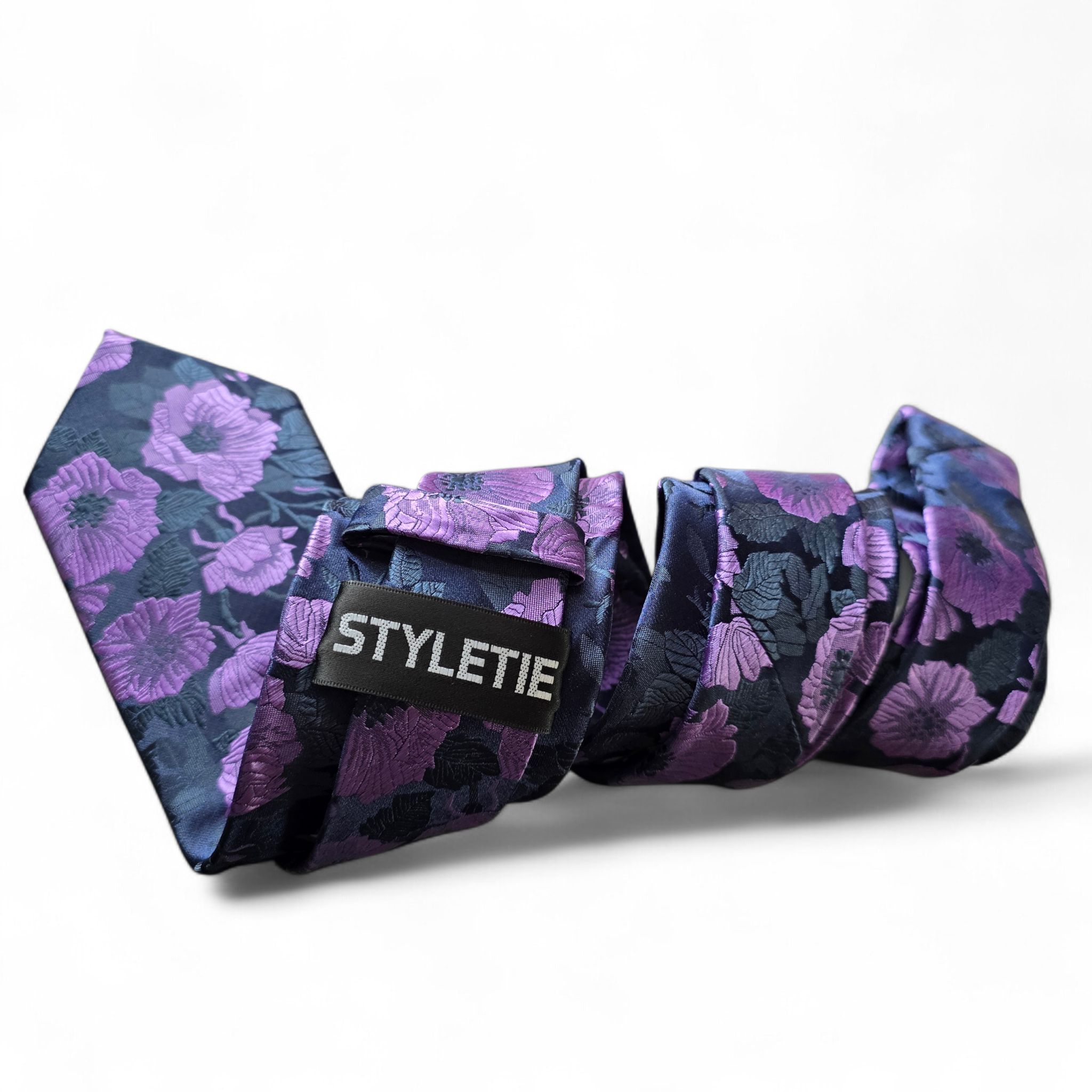 Navy Blue Purple Floral Silk Tie Pocket Square Cufflink Set