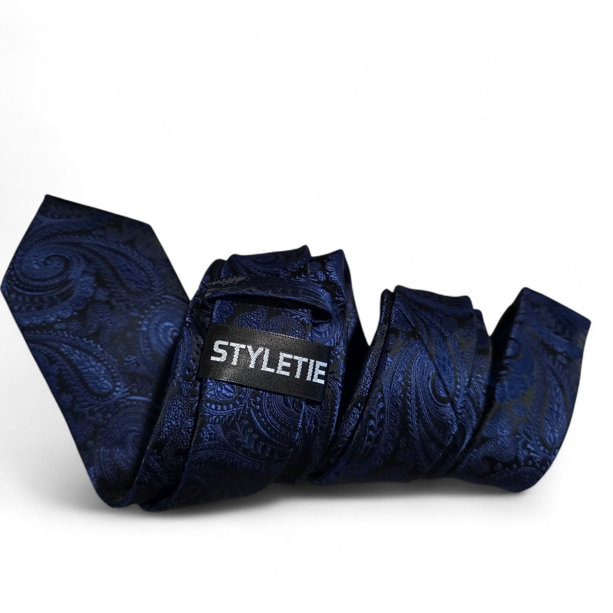 Black Navy Blue Paisley Silk Tie Pocket Square Cufflink Set