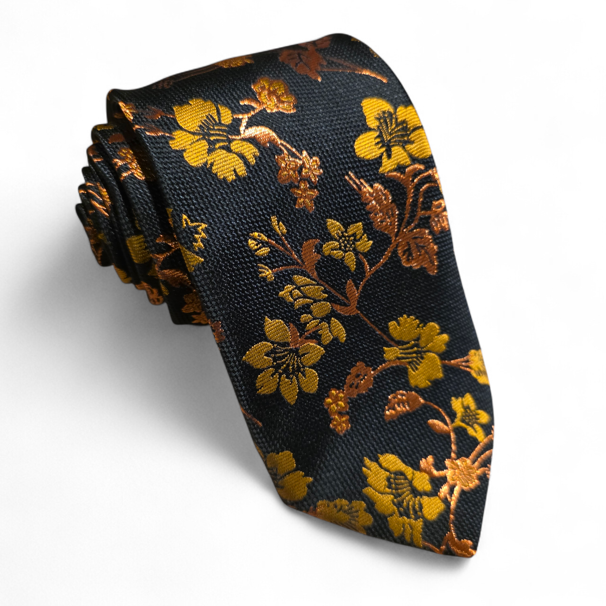 Black Orange Copper Floral Silk Tie Pocket Square Cufflink Set