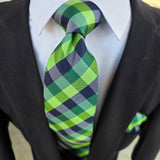 Extra Long Green Plaid Tie Pocket Square Cufflink Set