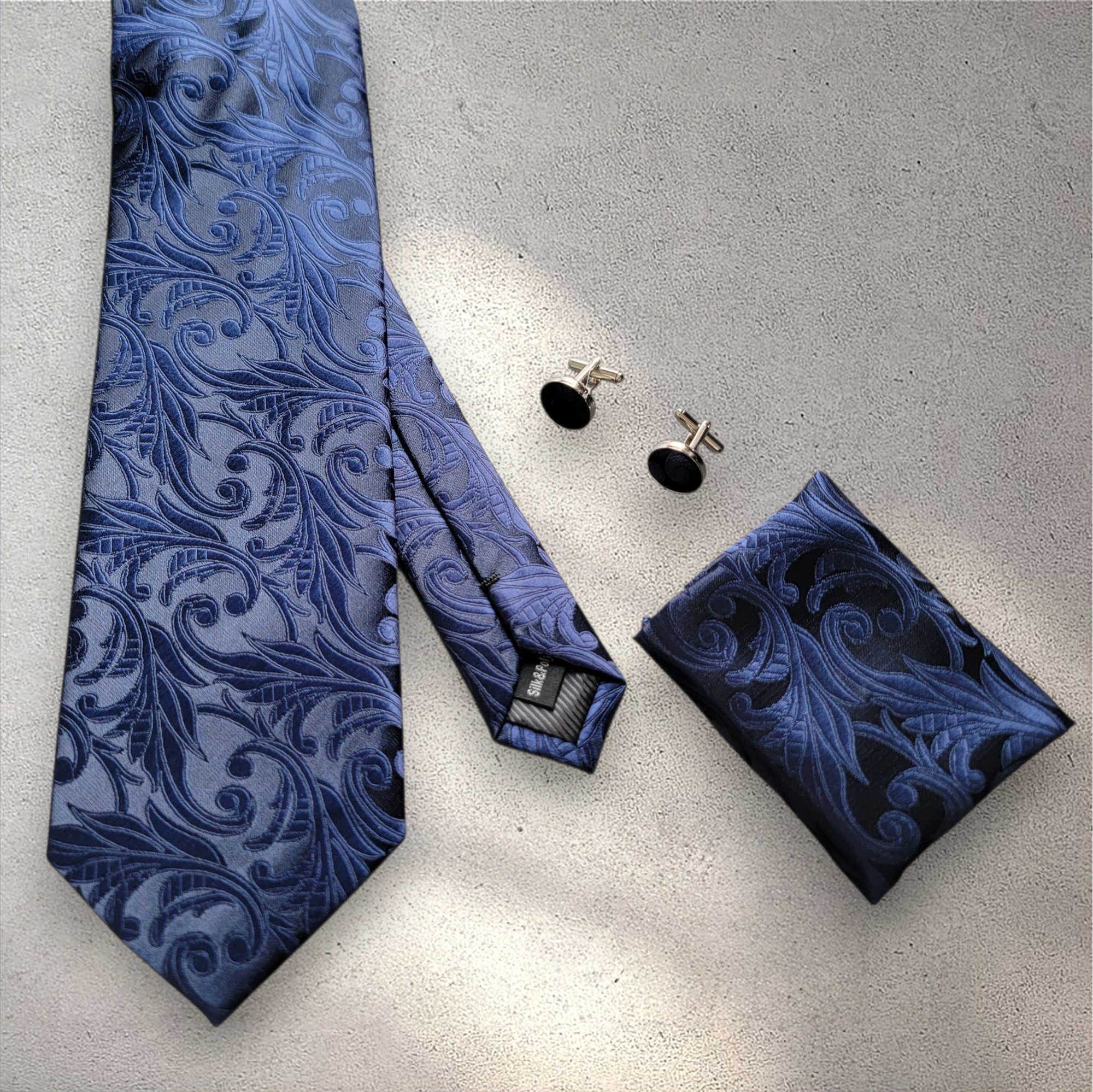 Navy Blue Solid Floral Silk Tie Pocket Square Cufflink Set