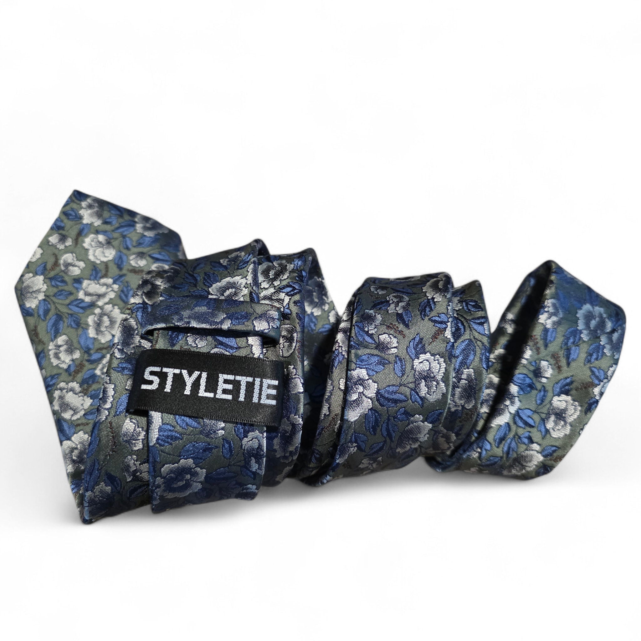 Gray Blue Floral Silk Tie Pocket Square Cufflink Set