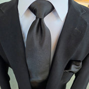 Black Solid Silk Tie Pocket Square Cufflink Set